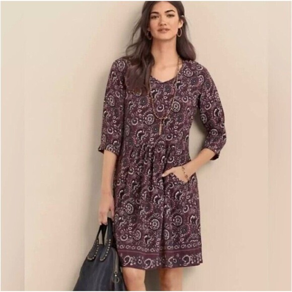 Garnet Hill Dress Size 6 Floral Paisley Peasant Plum 3/4 Sleeve Pockets Bohemian - Picture 7 of 13